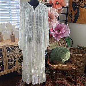 Free People Edie White Windowpane Plaid Button Up Maxi Duster Dress